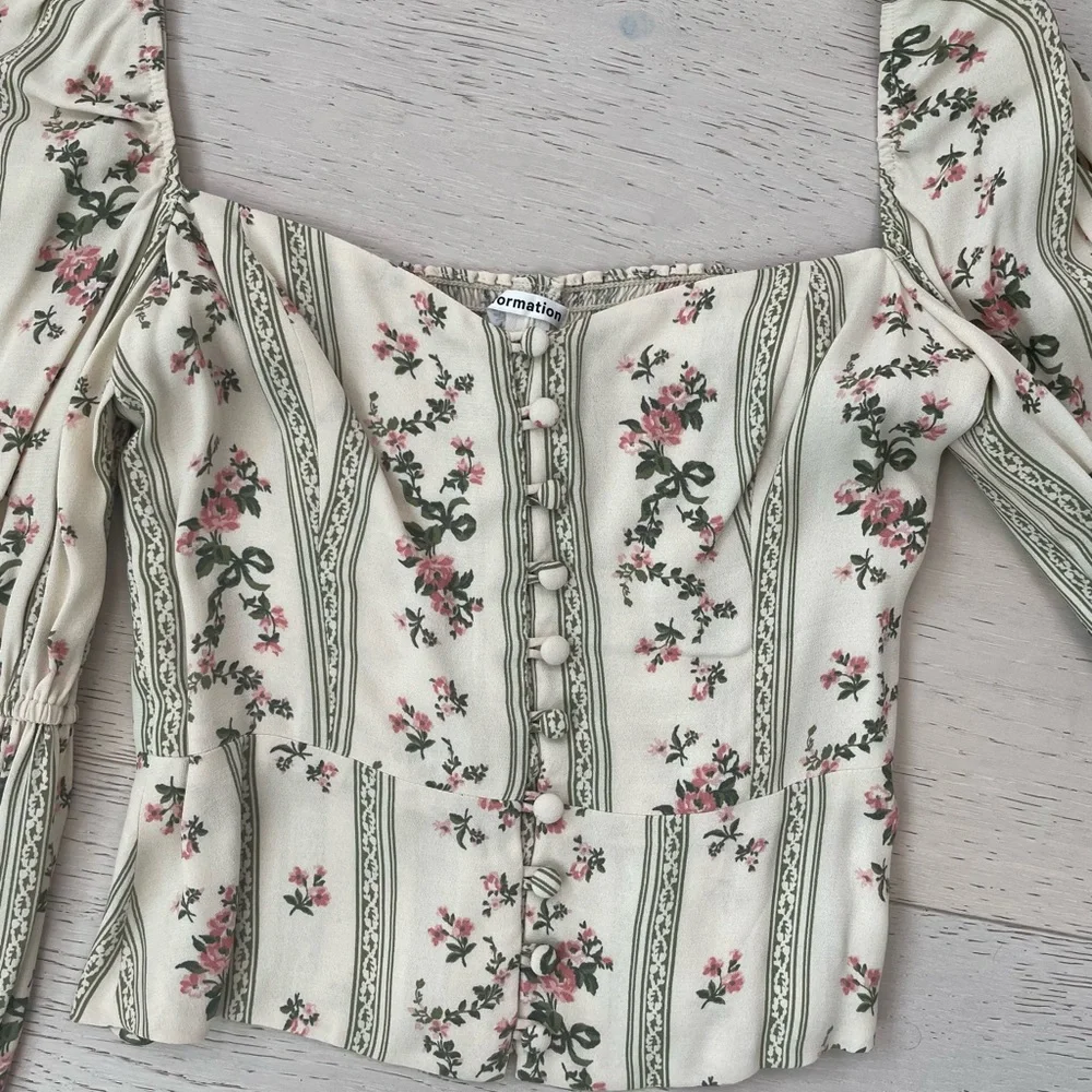 Reformation Cream Floral Square-Neck Corset Blouse